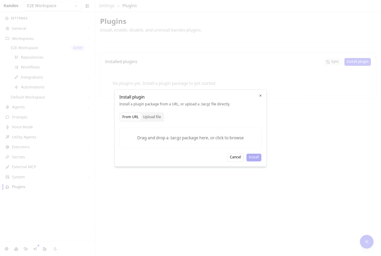 The Install plugin dialog with From URL and Upload file tabs and a drag-and-drop area for a .tar.gz package.