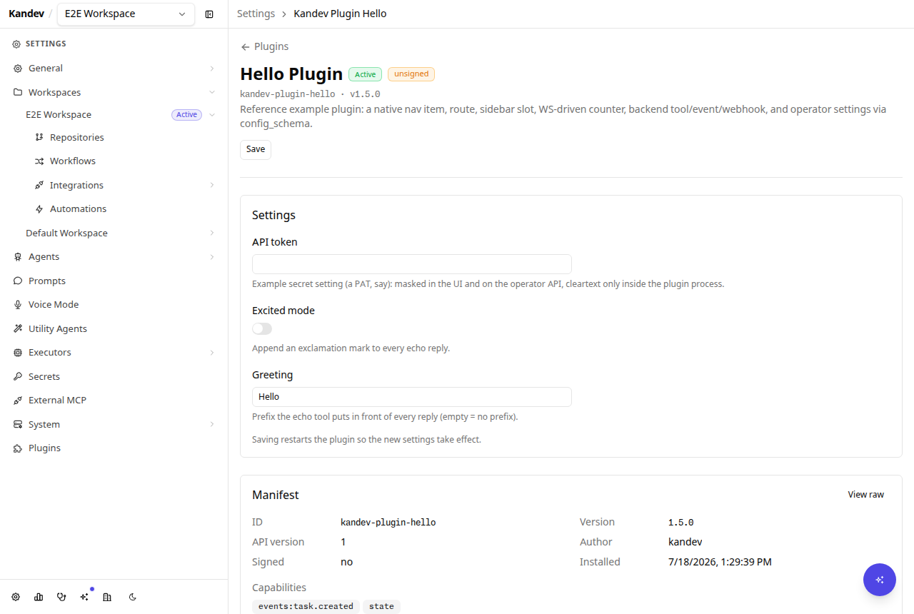 A plugin's settings page: a schema-driven form with a masked API-token field, a toggle, and a text field, above a Manifest card showing the plugin's id, version, signing status, and capabilities.